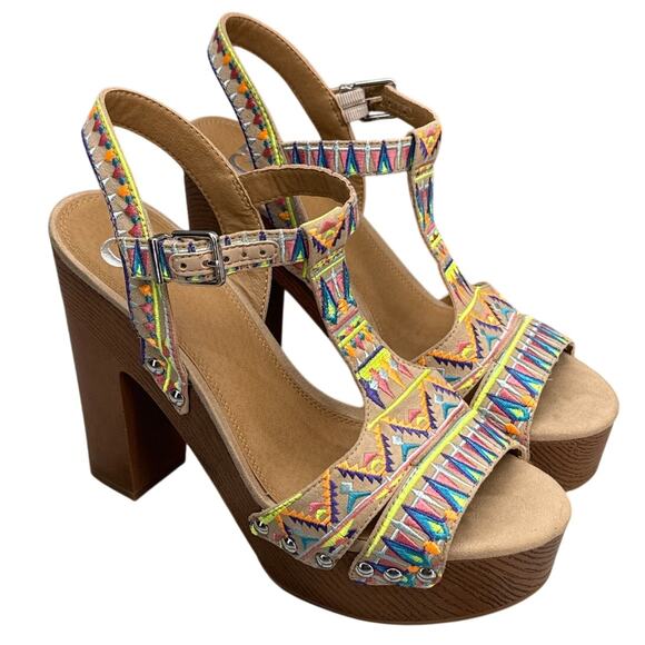 Gianni Bini Shoes - Gianni Bini Retro Glam Aztec Print 5" Wood Platform Heel T-Strap Sandal Women 9